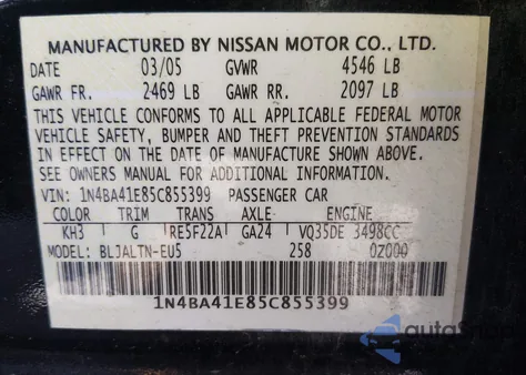 2005 Nissan Maxima 3.5 Se z USA, uszkodzony, nr VIN 1N4BA41E85C855399